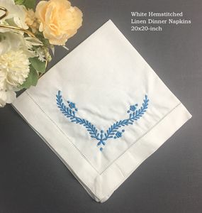 12のホームテキスタイルのセットテーブルナプキン刺繍花のナプキン白100％リネン生地ヘムスジッドディナーナプキン18x18 / 20x20インチ