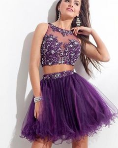 Ny sexig lila kort två bitar Homecoming klänningar Beaded Crystal Appliques A-Line Prom Cocktail Graduation Gown