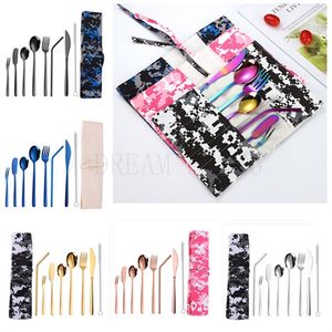 9st / set Portable rostfritt stål bestick sätter dinnerware porslin set kniv gaffel sked halm med kamouflage väska utomhus bestick set