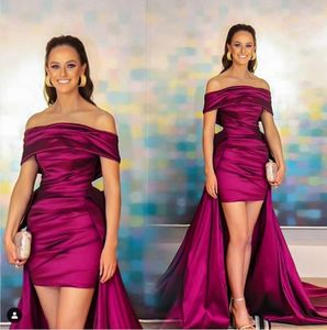 Sexy New Arrival Fuchsia Off Shoulder Evening With Deatachable Train Satin Pleats Prom Dress Red Carpet Party Dresses Ogstuff es