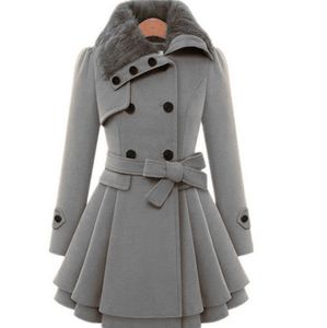 New Slim long woolen coat fur collar double-breasted belt woolen coat windbreaker European American Women's Wool Blends gfits