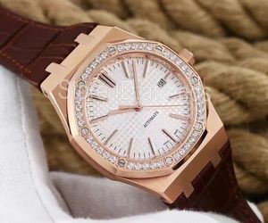 Top Stylish Automatic Mechanical Self Winding Watch Men Gold Silver Dial 41mm Rhinestone Bezel Sapphire Glass Classic Wristwatch Casual Leather Strap Clock 6133
