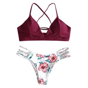 Costume da bagno a due pezzi con fasciatura a fiori con taglio floreale vino vino da donna Costume da bagno a due pezzi con flessioni vuote Costumi da bagno Fashion Star Beachwear brasiliano # YL5