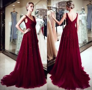 Fashion Red Wine Elegant Dresses V Neck Beading A Line Wine Red Tulle Long Party Formal Evening Dresses Women Plus Size Prom Dresses