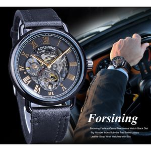 Forsining Black Golden Roman Number Clock Seconds Hands Independent Design Mechanical Hand Wind Watches for Men Water Resistant263y