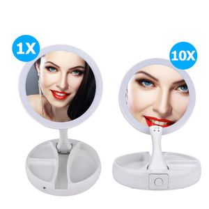 Dubbelsidig LED 10X förstoringsmakeup spegel stor upplyst upplyst vikbar fåfänga spegel reser skrivbordsljus kosmetik