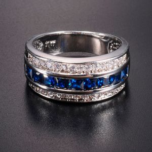 Luxo dos homens 10 k branco banhado a ouro azul safira granada anel de casamento de pedra de cristal para mulheres dos homens jewlry tamanho 8-12 j190707