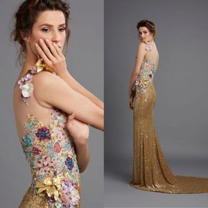 Sparkly Cekinowe Suknie Wieczorowe Hamda Al Fahim Sheer Jewel Neck Floral Appliqued Prom Suknie Sweep Pociąg Keyhole Back Evening Dress 4005