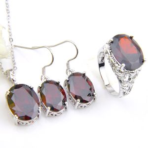 Wholesale 3Pcs/Set Luckyshine Lady Weddings Jewelry Sets Red Garnet 925 Sterling Silver Necklace Pendants Earrings Ring Zircon Xmas Gifts