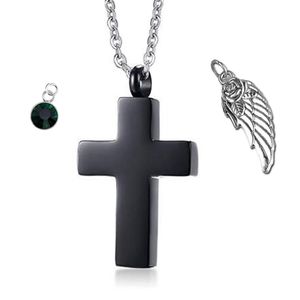 Preto Cruz Pingente de Colar de Anjo asas Cremação Jóias Lembrança Memorial Birthstone Cristal