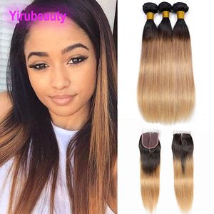 Malaysian Unprocessed Human Hair 3 Bundles With 4X4 Lace Closure Straight 1B/27 Hair Extenesions With Lace Closure 10-28inch
