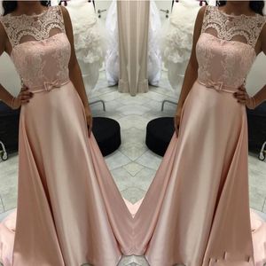 2019 enkel blush rosa a-line prom klänningar ren juvel nacke illusion spets applikationer sash golv längd Mellanöstern fest kvällsklänning bär
