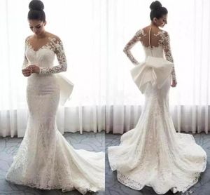 Lace Mermaid Bröllopsklänningar Sheer Jewel Neck Långärmad Illusion Bridal Gowns Big Bow Sash Sweep Train Zipper Back Wedding Dress