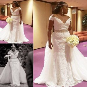 Plus storlek sjöjungfru bröllopsklänningar spetsar av axel pärlstav brudklänningar sydafrikanska tulle sweep tåg bröllopsklänningar skräddarsydda