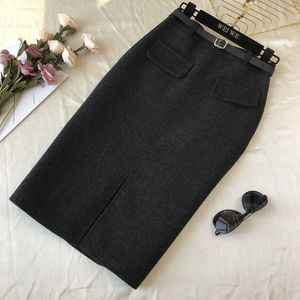 New design women high waist with belt solid color woolen thickening vent jag knee length pencil skirt plus size S M L XL XXL