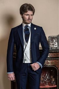 New alta qualidade dois ternos azul Noivo Smoking Notch lapela Groomsmen Mens casamento Negócios Prom Botão Marinha (Jacket + calça + Vest + Tie) 616