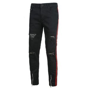 Fashion Mens Cool Black Zipper Jeans Skinny Ripped Destreyed Stretch Slim Fit Hop Hop Pants med hål för män