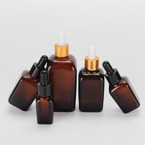 15 25 ml Amber Square Glass Eye Dropper Flaskor med Aluminium Cap 35 50 100 ml Essential Oil Dropper Bottle för Lab Chemicals, Colognes, Parfym