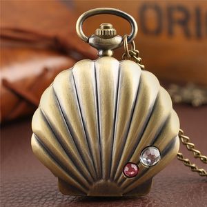 Unique Shell Shaped Pearl Quartz Pocket Watch Bronze Antique Analog Watches for Men Women Necklace Chains Clock