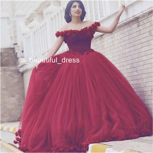 Arabian Design Scoop Beaded Pearls Flowers Off the Shoulder Red Prom Dresses 3D floral Ball Gown Princess Evening Dresses ED1150