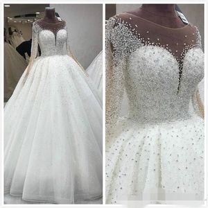 Luxury Beaded Ballgown Wedding Dresses Long Sleeves Scoop Neck Sequins Floor Length Tulle Custom Made Wedding Gown vestido de novi232l