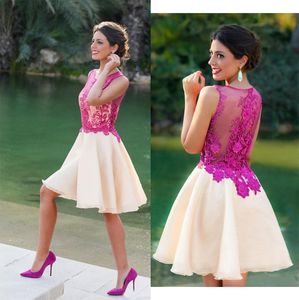 Hot Fuchsia Short Bridesmaid Dresses Sleeveless A Line Jewel Neck Appliqued Mini Cocktail Party Gowns BD9051