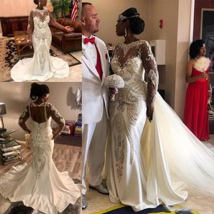 Schwarze Mädchen-Hochzeitskleider, afrikanischer, nigerianischer Luxus, mit Perlen besetzt, Kristall, abnehmbare Schleppe, schiere lange Ärmel, rückenfrei, Meerjungfrau-Braut-Hochzeitskleid
