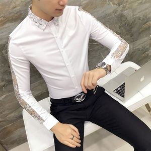 2018 Nuova camicia casual da uomo Vendita calda Qualità Sexy Pizzo Manica lunga Camicie eleganti da festa Slim Fit Night Club Social Tuxedo Uomo