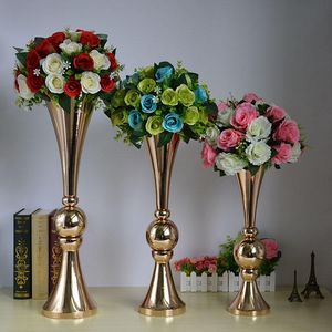 New Style Gold Trumpet Vase Chrome Flower Holder with Ball for Wedding Decoration