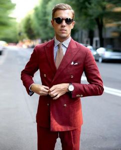 Roter Bräutigam-Smoking, zweireihig, für Hochzeit, Smoking, spitzes Revers, Jacke, Blazer, modischer Herren-Dinner-/Darty-Anzug (Jacke + Hose + Krawatte) 1109