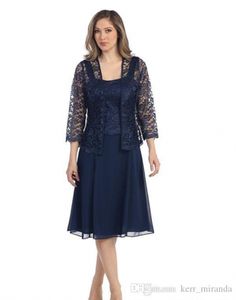 패션 섹시 네이비 블루 어머니의 쉬폰 드레스 레이스 재킷 긴 소매 무릎 길이 플러스 크기 커스텀 저녁 무도회 가운 DH4033