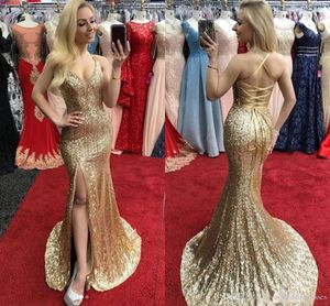 Sexy New Sparkly Champagne Sequined Mermaid Prom Dress Cross Straps Back Hollow Deep V Neck High Slit Long Formal Dress Evening Party Gowns