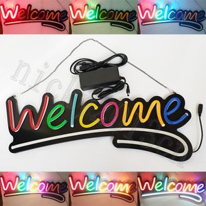 Super Bright Welcome Sign LED Neon Light Strip Auto Flashing Multi Color Hanging Bussiness Shop Bar Club Front Window Display 12V strömförsörjning