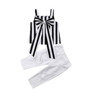 2019 Criança do bebé roupas de verão crianças Tops Big Bow Stripe Correia Tops + Branco oco Calças 2PCS Bebés Meninas Roupas Set