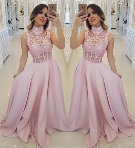 2021 Baby Pink Line Prom Dresses Wysokiej Kołnierz Koronki Top Illusion Exposed Boning Bodice Formalne Długie Party Suknie Rękawów Girls Graduation