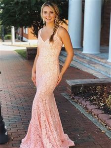 Pink Lace Mermaid Long Evening Dress Sexy V Neck Spaghetti Straps Evening Party Dresses Robe de Soiree