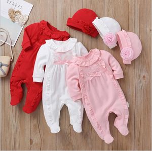 Baby flicka kläder rompers blommor falbala ruffled jumpsuits hattar kläder uppsättningar bomull långärmad knapp prinsessa onesies bodysuits c6683