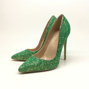 ヨーロッパとアメリカ合衆国の新しい色の緑のスパンコール有名人ハイヒールの靴12cm尖ったヒール浅い宴会靴カスタムサイズ33-45