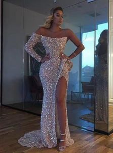 Vestido de Fiesta Abendkleid Sexy Aso Ebi Arabisch Gold Reflektierende Ballkleider Meerjungfrau High Split Kleider für besondere Anlässe Pailletten Formale Party-Empfangskleider