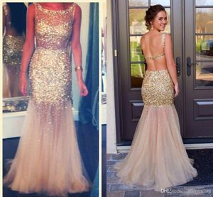 Setwell Bling Gold Mermaid Evening Dresses Sheer Neck Crystal Beaded Backless Gowns Floor Length Soft Tulle Prom Dress