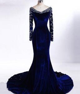 Custom Made Sexy Royal Blue Long Sleeve Evening Dresses Floor Length Arrival Beaded Arabic Evening Gowns Sapphire Blue Party Dresses