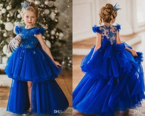 Royal Blue High Low Flower Girl Dresses Jewel Neck Star Beaded Ruffles Girls Pageant Klänning Capped Layer Kjol Barn Födelsedagklänningar