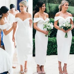 Sexy Simple White Satin Sheath Bridesmaid Dresses Off the Shoulder Sleeveless Tea Length Maid of Honor Gown Wedding Guest Dress Plus Size
