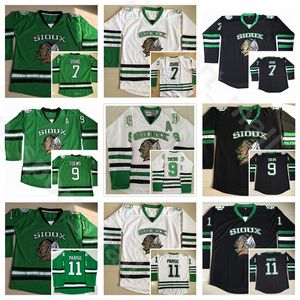 North Dakota Lutando Sioux Jerseys Faculdade Vintage 9 Jonathan Toovs 11 Zach Parise 7 TJ Oshie Hóquei Gelo Home Preto Verde Branco