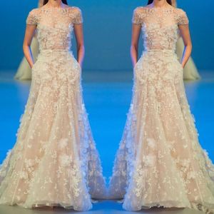 Nyaste Elie Saab Dresses Evening Wear Illusion Pärlor 3D Floral Appliqued Kortärmad Prom Klänningar Tulle Lång Formell Party Dress