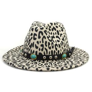 2020卸売ファッションヒョウ印刷ジャズユニセックスビンテージTrilby Fedora帽子リベットベルトパナマパーティードレスハット