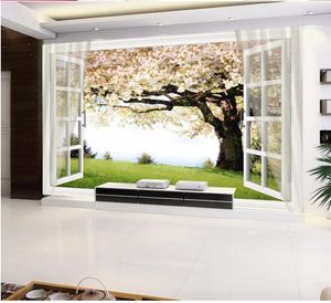 modern wallpaper for living room Cherry blossom tree window 3D background wall