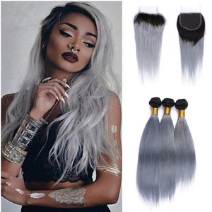 Grey Ombre Brazilian Hair Bundles with Closure Silky Straight Black and Gray Hair Extensions Two Tone 1B Grey Ombre Human Hair
