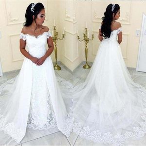 Plus Size Overskirts Vestidos de Casamento Fora Do Ombro Barato Árabe Africano País Vestidos De Noiva Contagem de Trem de Renda Apliques Elegante Vestido de Noiva