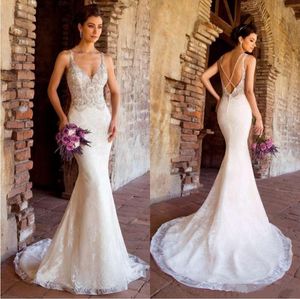 Kitty Chen 2019 Ultimi abiti da sposa a sirena Perline Sexy scollo a V Pizzo Abiti da sposa da spiaggia Sweep Train Abito da sposa Abiti da sposa